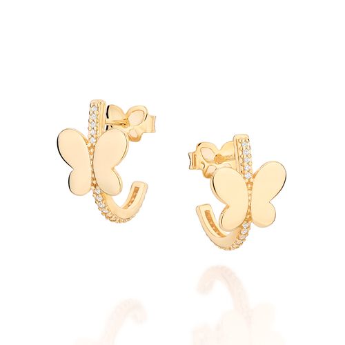BRINCO MEIA ARGOLA BORBOLETA BANHADO A OURO 18K COM ZIRCÔNIAS
