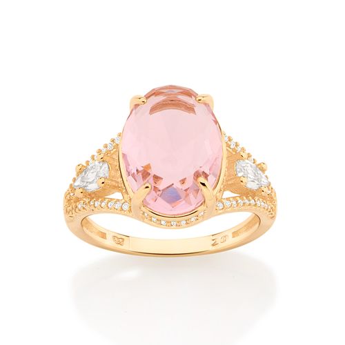 ANEL BANHADO A OURO 18K COM ZIRCÔNIAS E CRISTAL OVAL