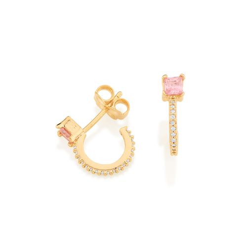 BRINCO MEIA ARGOLA BANHADO A OURO 18K COM ZIRCÔNIAS QUADRADAS