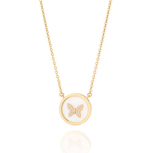 GARGANTILHA BORBOLETA BANHADA A OURO 18K COM MADRE PÉROLA SINTÉTICA E ZIRCÔNIAS