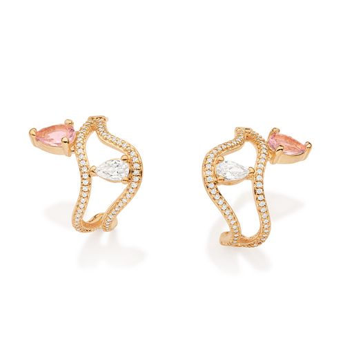 BRINCO MEIA ARGOLA ABSTRATO BANHADO A OURO 18K COM ZIRCÔNIAS E CRISTAIS