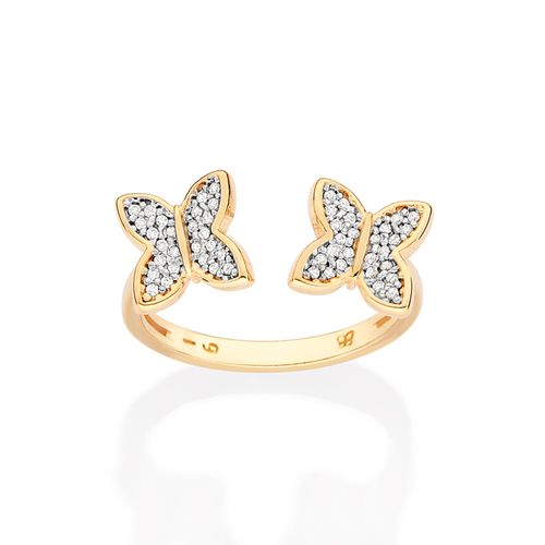 ANEL AJUSTÁVEL BORBOLETAS BANHADO A OURO 18K COM ZIRCÔNIAS E APLICAÇÃO DE RHODIUM