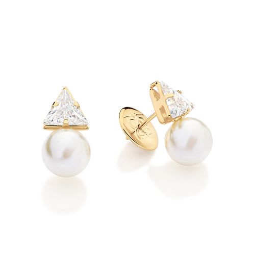 BRINCO TRIANGULAR BANHADO A OURO 18K COM ZIRCÔNIAS E PÉROLAS SINTÉTICAS