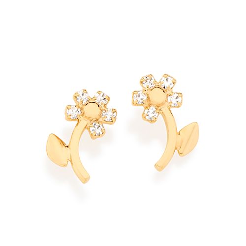 BRINCO INFANTIL FLOR BANHADO A OURO 18K COM CRISTAIS