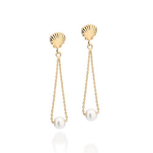 BRINCO PÊNDULO CONCHA COM PÉROLA SINTÉTICA BANHADO A OURO 18K