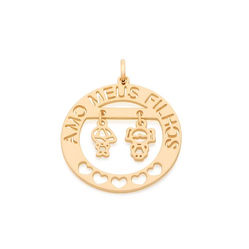 PINGENTE BANHADO A OURO 18K ESCRITO AMO MEUS FILHOS COM 1 MENINO E 1 MENINA AO CENTRO