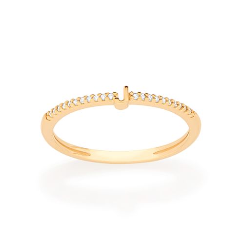 ANEL SKINNY LETRA BANHADO A OURO 18K COM ZIRCÔNIAS-LETRA J