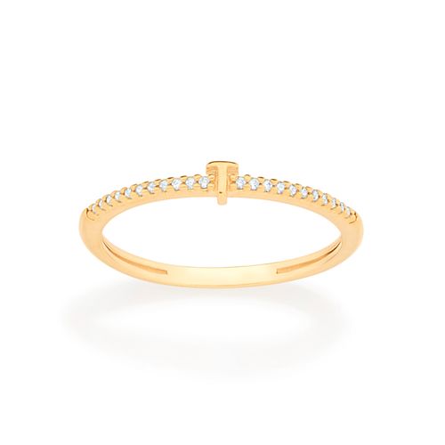 ANEL SKINNY LETRA BANHADO A OURO 18K COM ZIRCÔNIAS-LETRA T