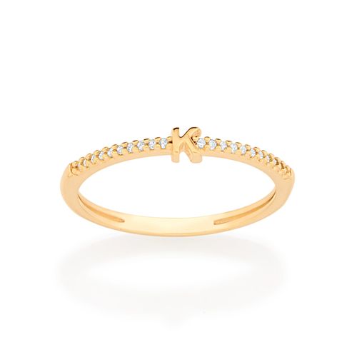 ANEL SKINNY LETRA BANHADO A OURO 18K COM ZIRCÔNIAS-LETRA K