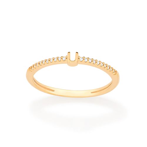ANEL SKINNY LETRA BANHADO A OURO 18K COM ZIRCÔNIAS-LETRA U