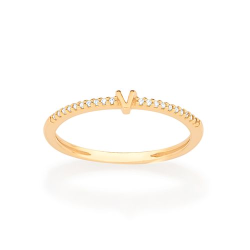 ANEL SKINNY LETRA BANHADO A OURO 18K COM ZIRCÔNIAS-LETRA V