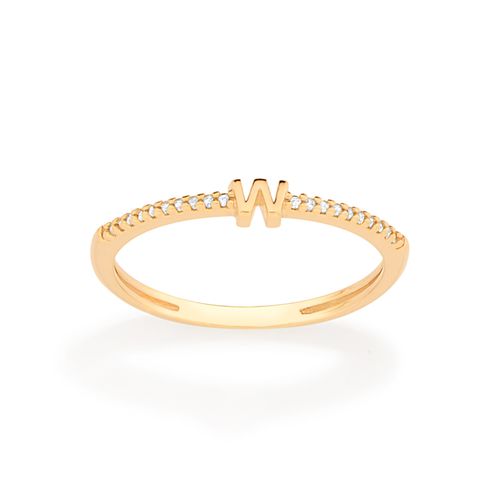 ANEL SKINNY LETRA BANHADO A OURO 18K COM ZIRCÔNIAS-LETRA W
