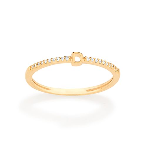 ANEL SKINNY LETRA BANHADO A OURO 18K COM ZIRCÔNIAS-LETRA D