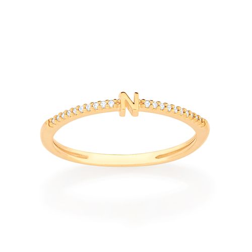 ANEL SKINNY LETRA BANHADO A OURO 18K COM ZIRCÔNIAS-LETRA N