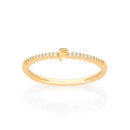 ANEL SKINNY LETRA BANHADO A OURO 18K COM ZIRCÔNIAS-LETRA F
