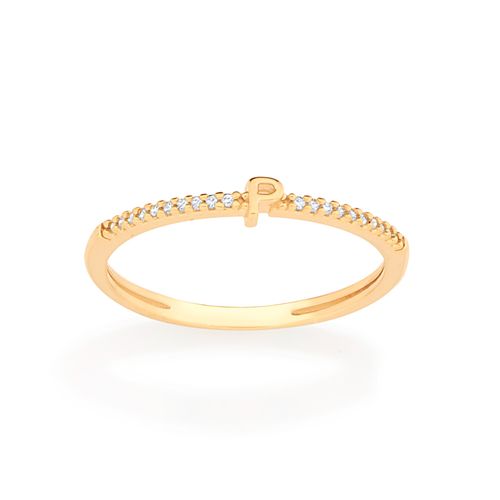 ANEL SKINNY LETRA BANHADO A OURO 18K COM ZIRCÔNIAS-LETRA P