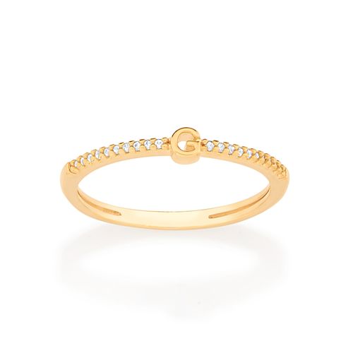 ANEL SKINNY LETRA BANHADO A OURO 18K COM ZIRCÔNIAS-LETRA G