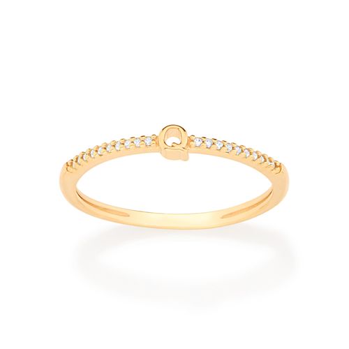 ANEL SKINNY LETRA BANHADO A OURO 18K COM ZIRCÔNIAS-LETRA Q