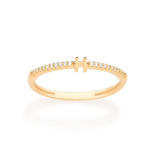ANEL SKINNY LETRA BANHADO A OURO 18K COM ZIRCÔNIAS-LETRA H