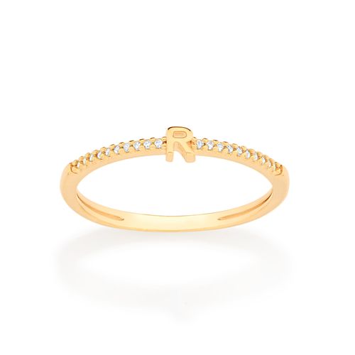 ANEL SKINNY LETRA BANHADO A OURO 18K COM ZIRCÔNIAS-LETRA R