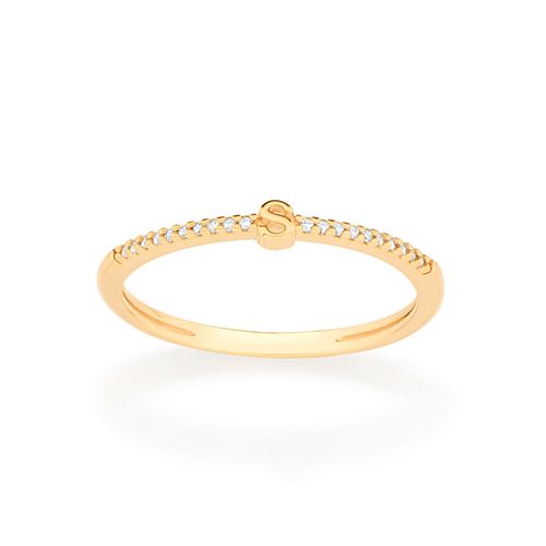 ANEL SKINNY LETRA BANHADO A OURO 18K COM ZIRCÔNIAS-LETRA S
