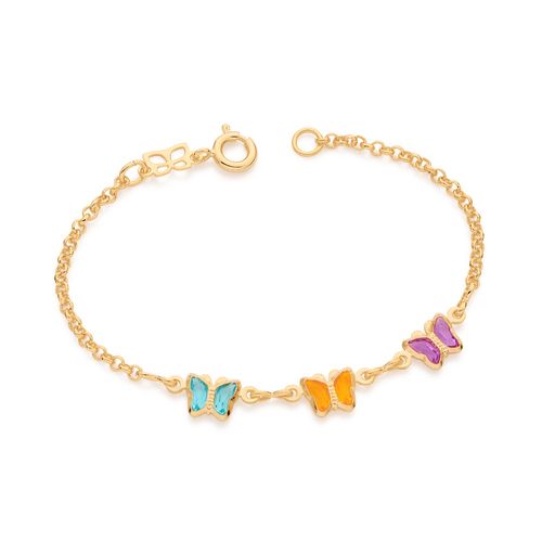 PULSEIRA INFANTIL BANHADA A OURO 18K COM BORBOLETAS COLORIDAS