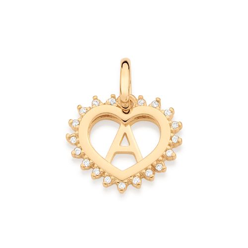 PINGENTE CORAÇÃO COM LETRA BANHADO A OURO 18K COM ZIRCÔNIAS-LETRA A