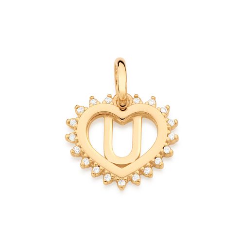 PINGENTE CORAÇÃO COM LETRA BANHADO A OURO 18K COM ZIRCÔNIAS-LETRA U