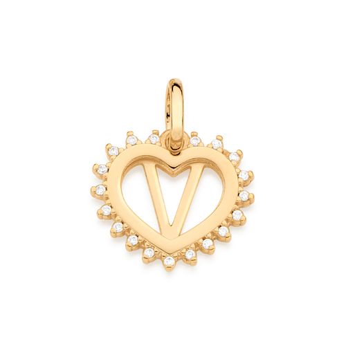 PINGENTE CORAÇÃO COM LETRA BANHADO A OURO 18K COM ZIRCÔNIAS-LETRA V