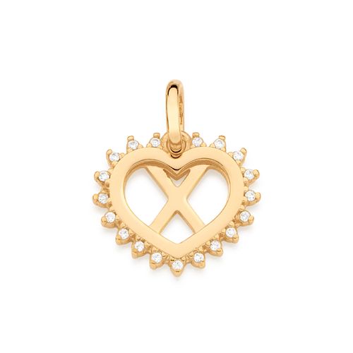 PINGENTE CORAÇÃO COM LETRA BANHADO A OURO 18K COM ZIRCÔNIAS-LETRA X