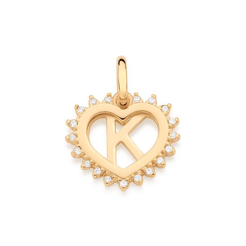 PINGENTE CORAÇÃO COM LETRA BANHADO A OURO 18K COM ZIRCÔNIAS-LETRA K