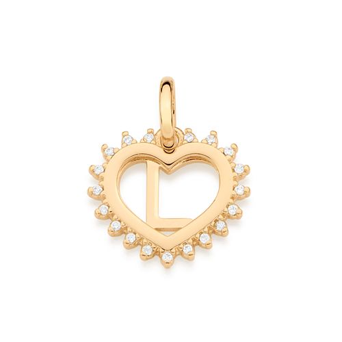 PINGENTE CORAÇÃO COM LETRA BANHADO A OURO 18K COM ZIRCÔNIAS-LETRA L