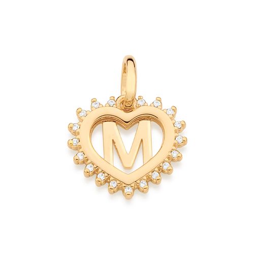PINGENTE CORAÇÃO COM LETRA BANHADO A OURO 18K COM ZIRCÔNIAS-LETRA M