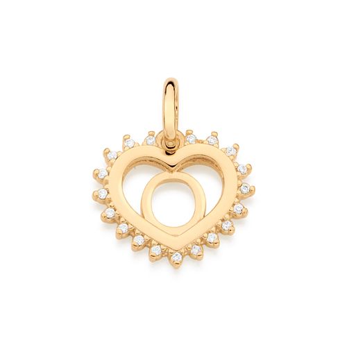 PINGENTE CORAÇÃO COM LETRA BANHADO A OURO 18K COM ZIRCÔNIAS-LETRA O