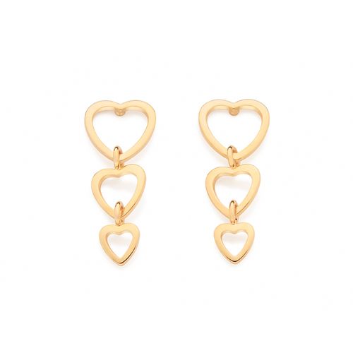 BRINCO PÊNDULO CORAÇÕES VAZADOS BANHADO A OURO 18K