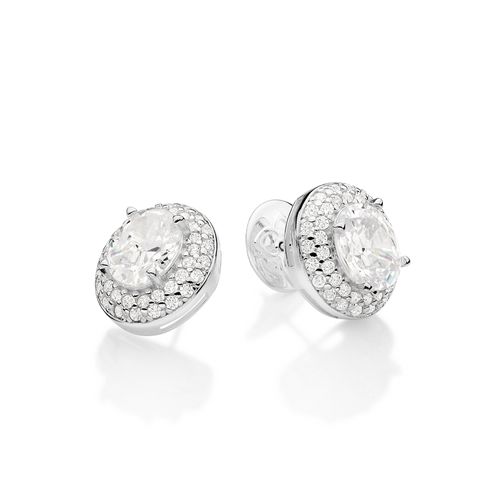 BRINCO BOTÃO OVAL DE PRATA MACIÇA 925 COM ZIRCÔNIAS