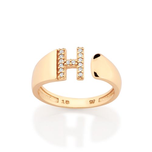 ANEL LETRA BANHADO A OURO 18K COM ZIRCÔNIAS -LETRA H