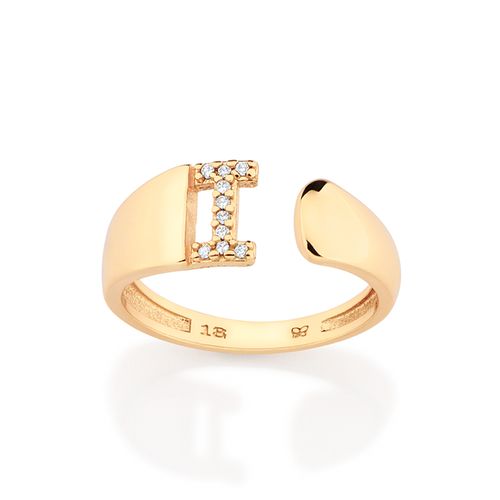 ANEL LETRA BANHADO A OURO 18K COM ZIRCÔNIAS -LETRA I