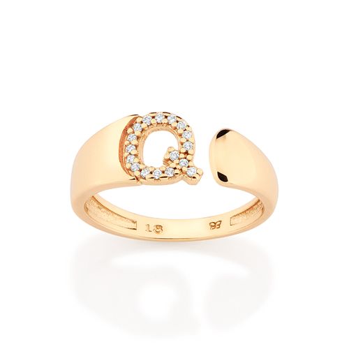ANEL LETRA BANHADO A OURO 18K COM ZIRCÔNIAS -LETRA Q