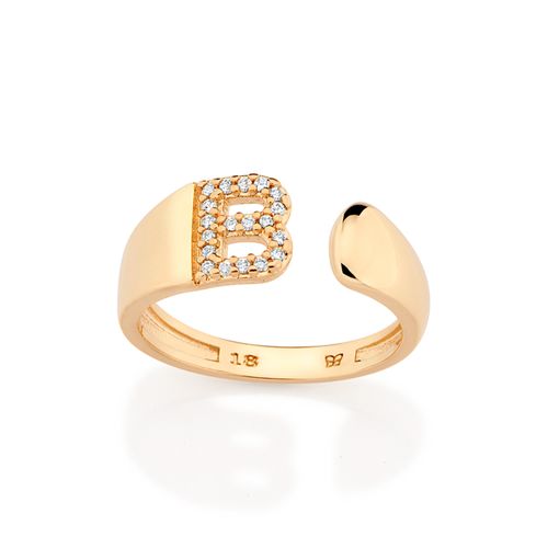 ANEL LETRA BANHADO A OURO 18K COM ZIRCÔNIAS -LETRA B