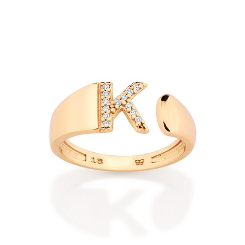 ANEL LETRA BANHADO A OURO 18K COM ZIRCÔNIAS -LETRA K