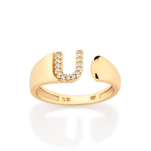 ANEL LETRA BANHADO A OURO 18K COM ZIRCÔNIAS -LETRA U