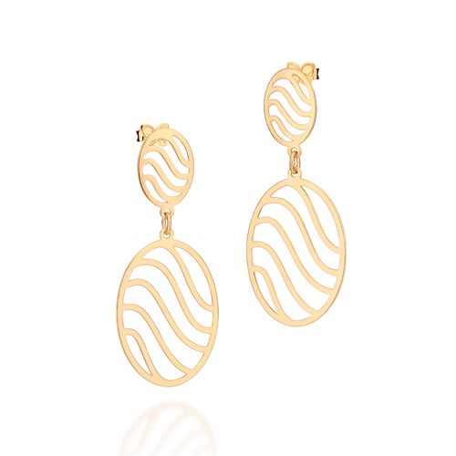 BRINCO PÊNDULO OVAL COM ONDAS BANHADO A OURO 18K