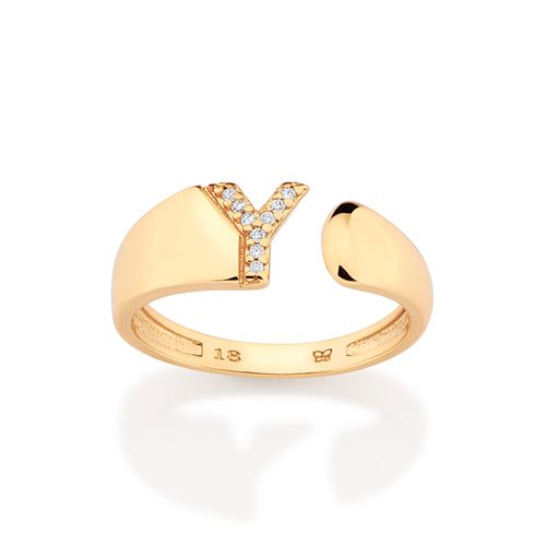 ANEL LETRA BANHADO A OURO 18K COM ZIRCÔNIAS -LETRA Y