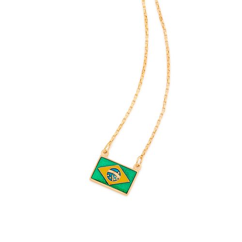 GARGANTILHA BANDEIRA DO BRASIL BANHADO A OURO 18K COM APLICAÇÃO DE RESINA