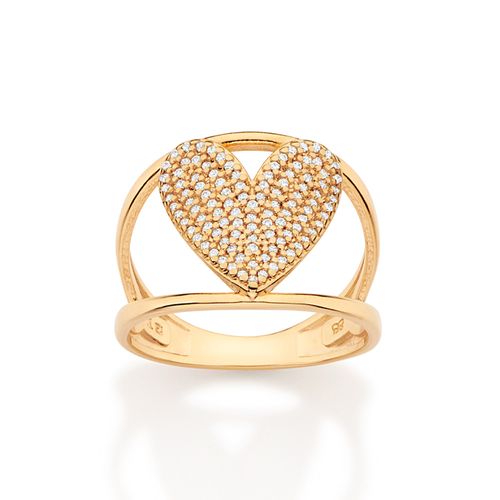 MAXI ANEL ARO DUPLO CORAÇÃO BANHADO A OURO 18K COM ZIRCÔNIAS