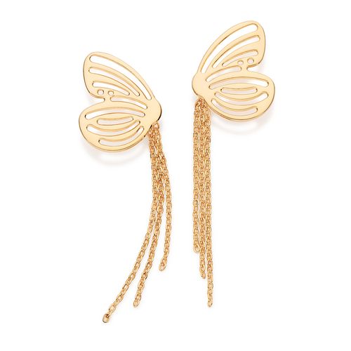 MAXI BRINCO BORBOLETA COM FRANJA BANHADO A OURO 18K