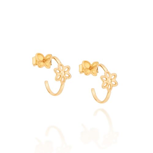 BRINCO MEIA ARGOLA FLOR BANHADO A OURO 18K