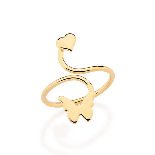 ANEL AJUSTÁVEL CORAÇÃO E BORBOLETA BANHADO A OURO 18K