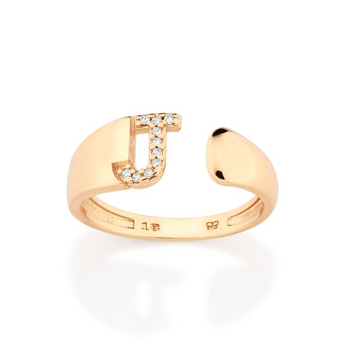 ANEL LETRA BANHADO A OURO 18K COM ZIRCÔNIAS -LETRA J
